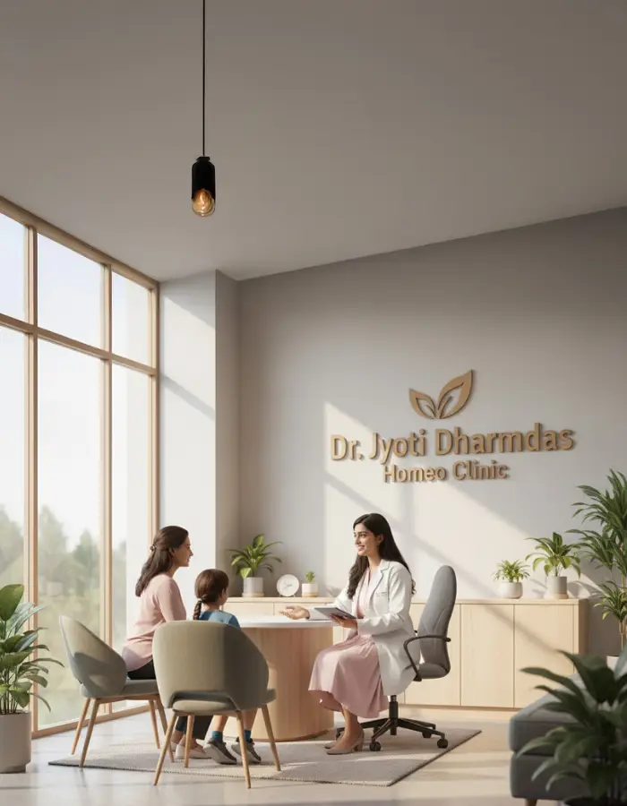 Best homeopathy doctor in Bhopal – Dr. Renu Rajput Barigal consulting patients at Dr. Jyoti Dharmdas Homeo Clinic for natural healing and holistic care.