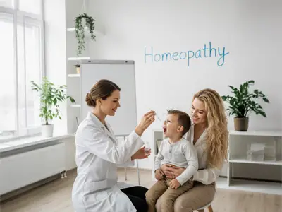 Doctor giving homeopathy medicine to child with mother present at Dr. Jyoti Dharmdas Homeo Clinic, Bhopal, supervised by Dr. Renu Rajput Barigal, the best homeopathy doctor in Bhopal.