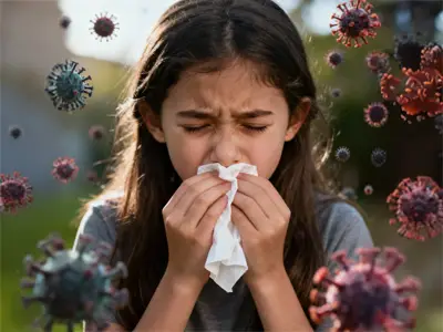 Young girl sneezing surrounded by virus particles, representing chronic illness and immune challenges treated at Dr. Jyoti Dharmdas Homeo Clinic, Bhopal, led by Dr. Renu Rajput Barigal, the best homeopathy doctor in Bhopal.