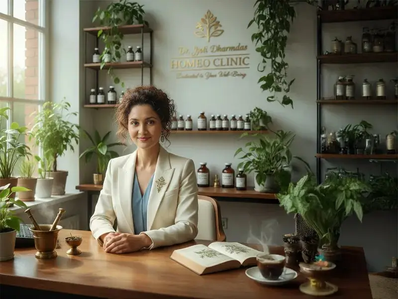 Professional sign for HOMEO CLINIC, featuring homeopath Dr. Renu Rajput Barigal.