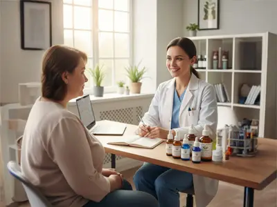 Homeopathy doctor consulting patient with natural remedies on desk at Dr. Jyoti Dharmdas Homeo Clinic, Bhopal, under the guidance of Dr. Renu Rajput Barigal, the best homeopathy doctor in Bhopal.