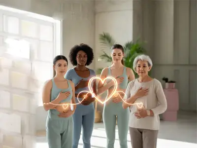 Diverse group of women of different ages standing together in a bright wellness studio, hands on chest and stomach, symbolizing unity and women’s health, with glowing heart graphics connecting them.
